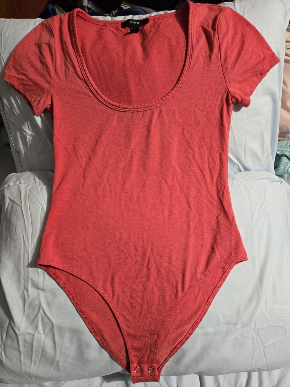Forever 21 Coral Scoop Neck Short Sleeve Bodysuit